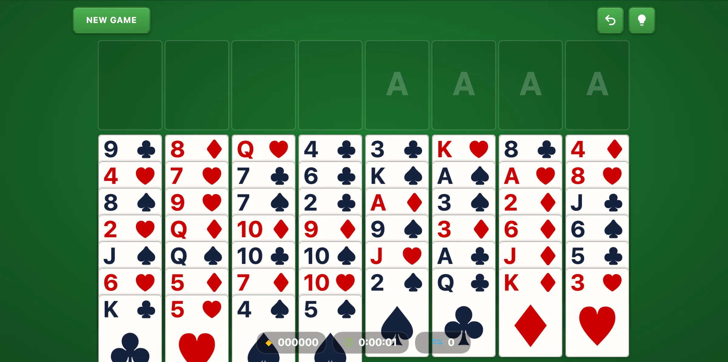 Baker's Game opening layout with 8 tableau columns, 4 free cells, and 4 foundation piles