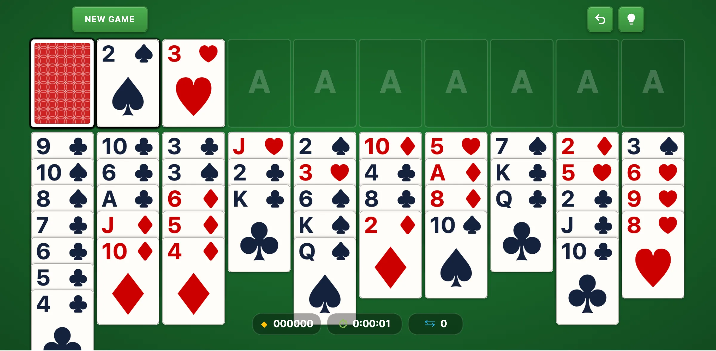 Forty Thieves Solitaire mid-game with foundations partially built and empty tableau columns