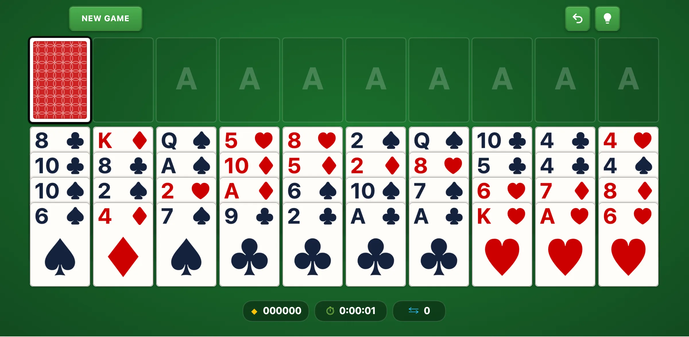 Forty Thieves Solitaire opening layout with 10 columns of 4 face-up cards and a large stock pile