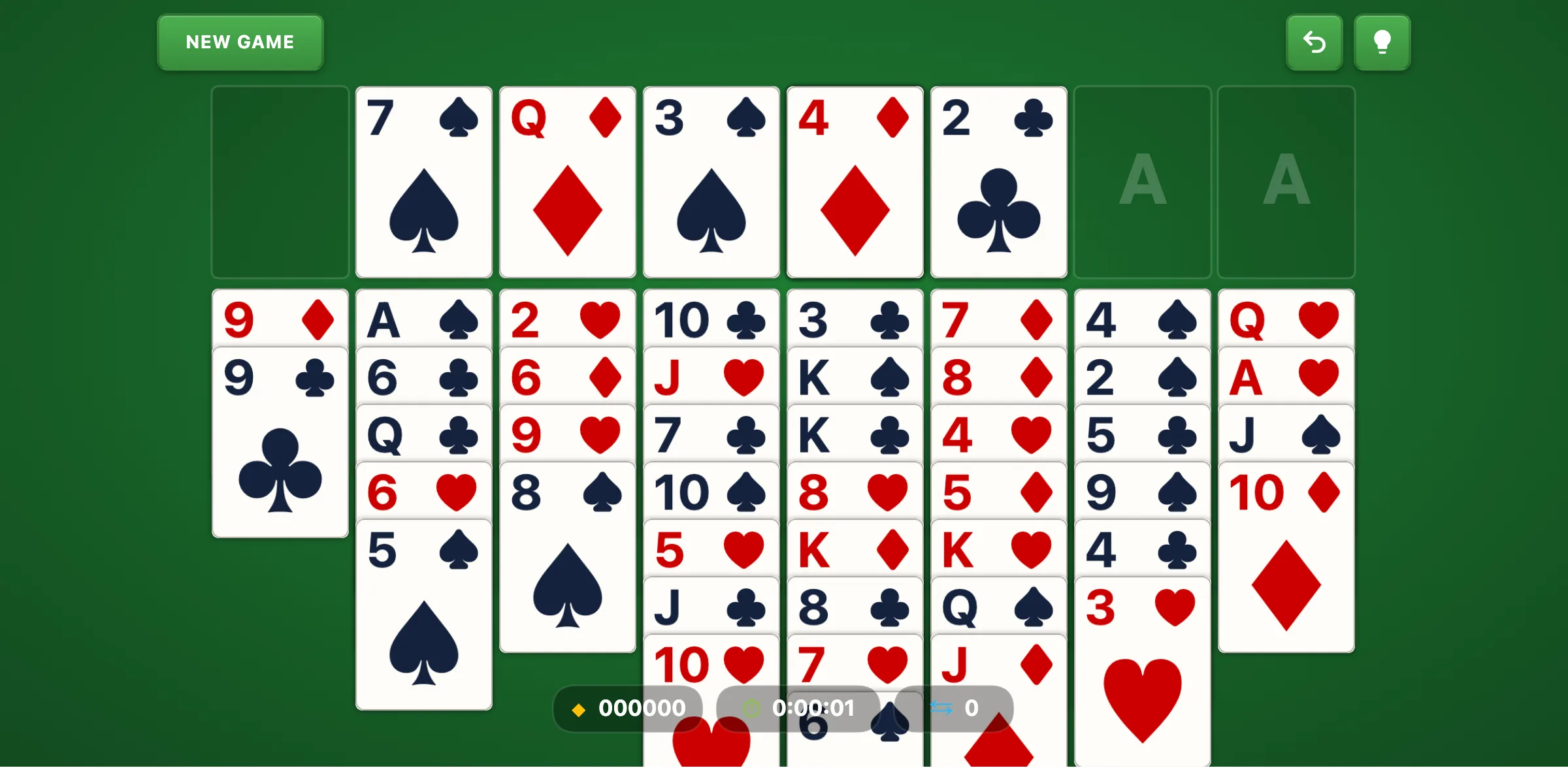 FreeCell Solitaire mid-game with cards in free cells and foundations being built
