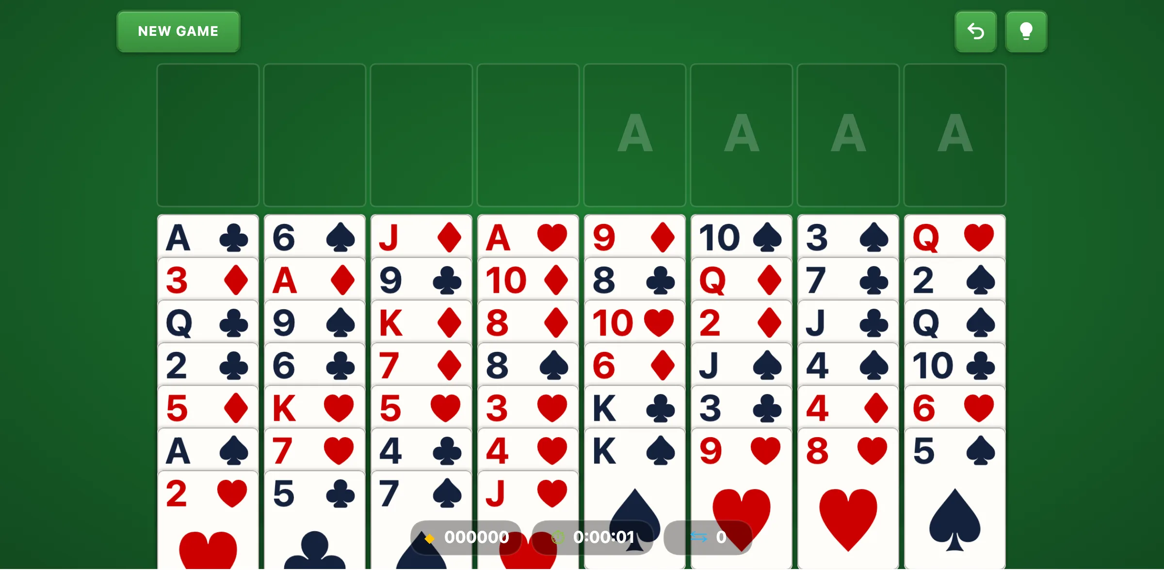 FreeCell layout with all 52 cards dealt face-up across 8 columns