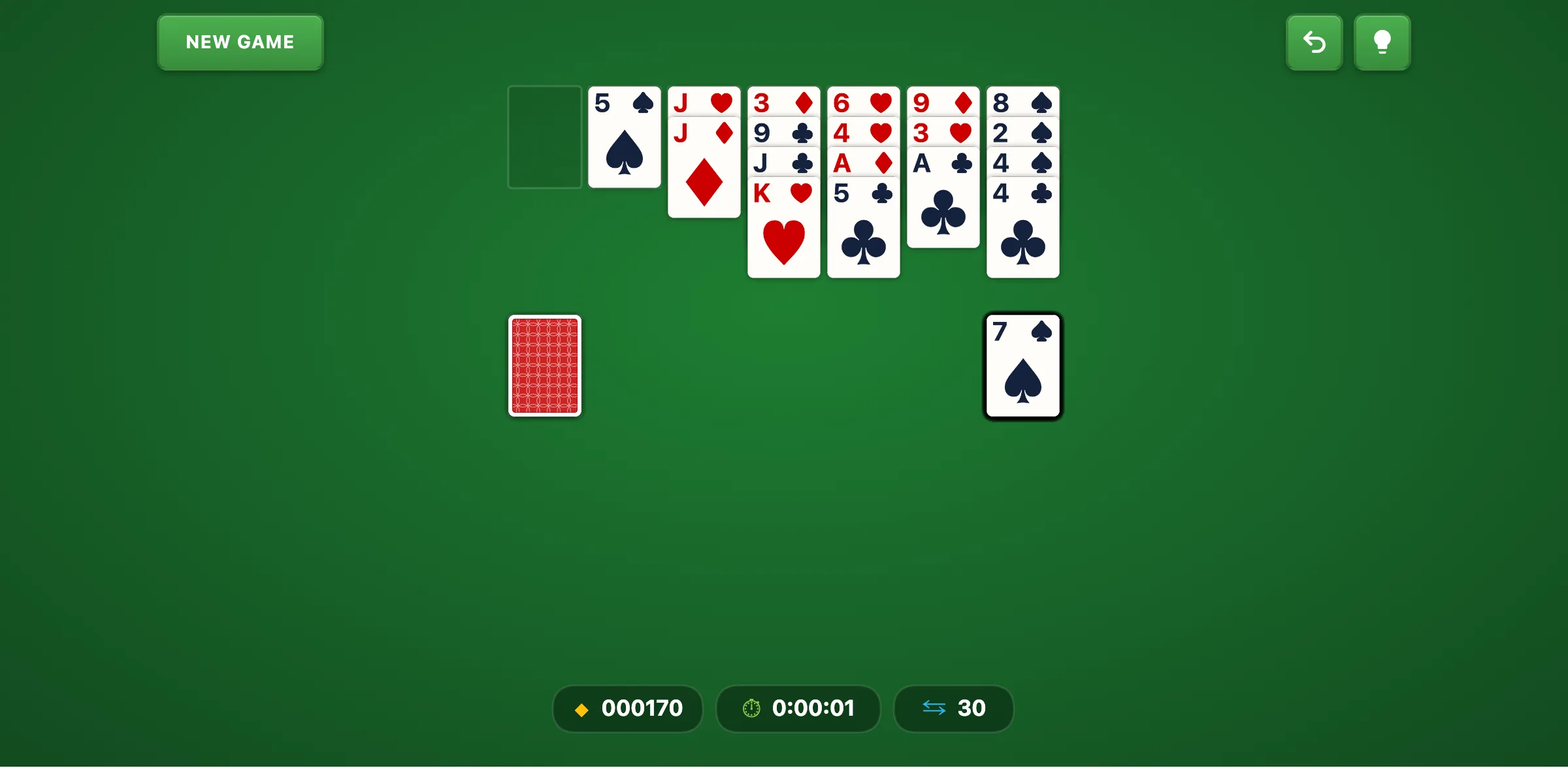 Golf Solitaire mid-game with several columns cleared and a chain building from the waste