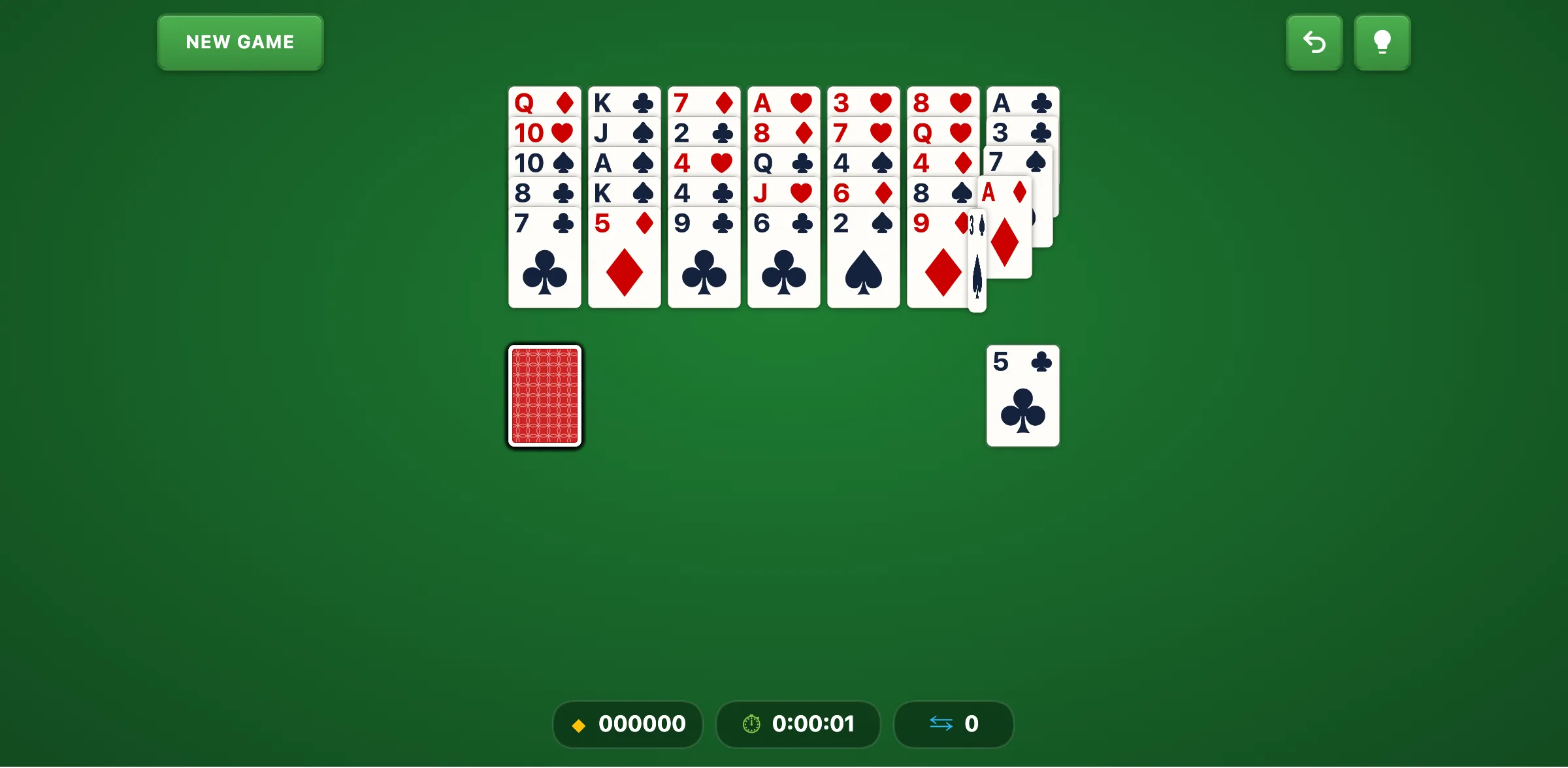 Golf Solitaire opening layout with 7 columns of 5 cards and a stock pile
