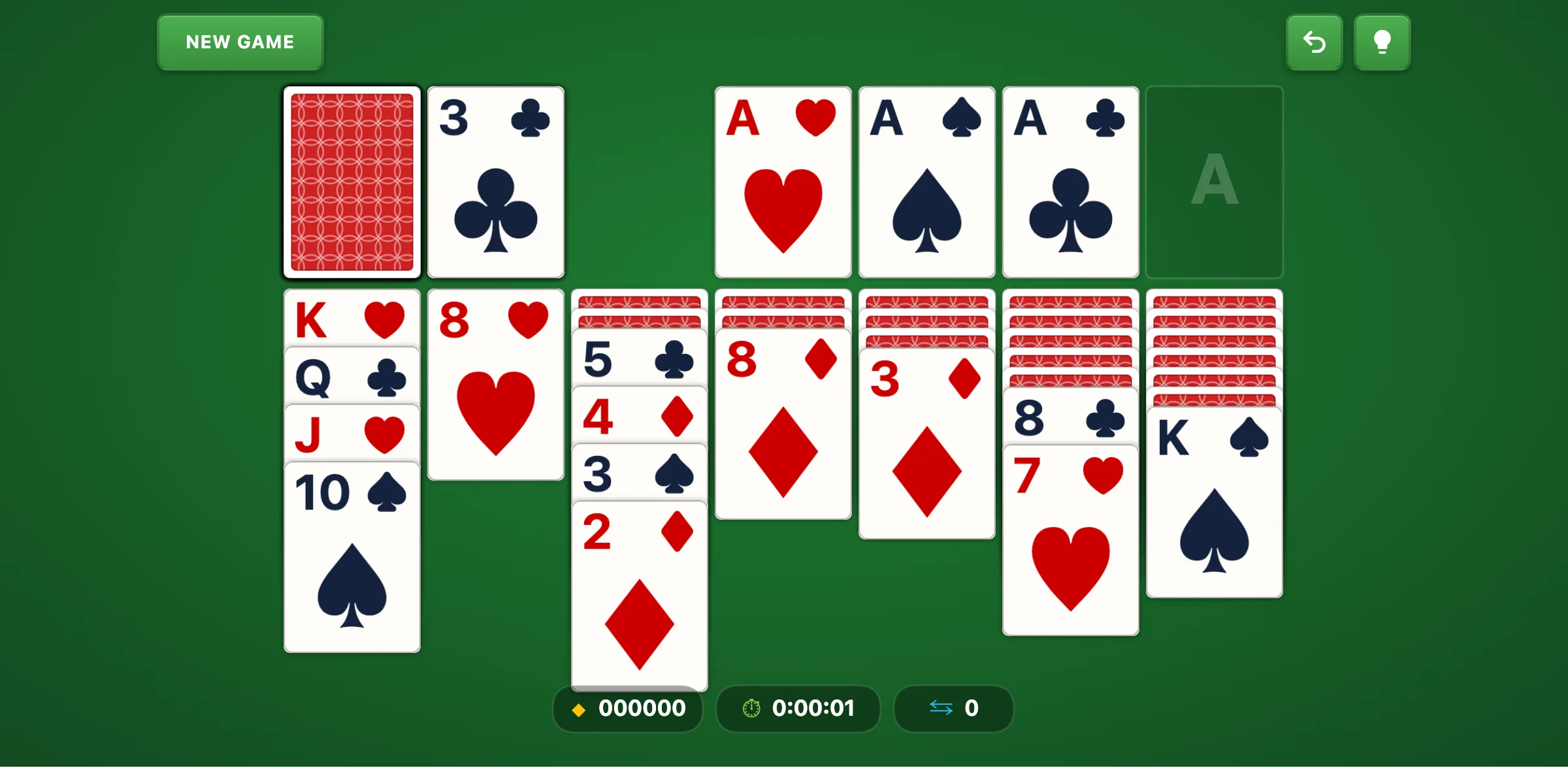 Klondike Solitaire mid-game showing a strategic position with cards being built on foundations