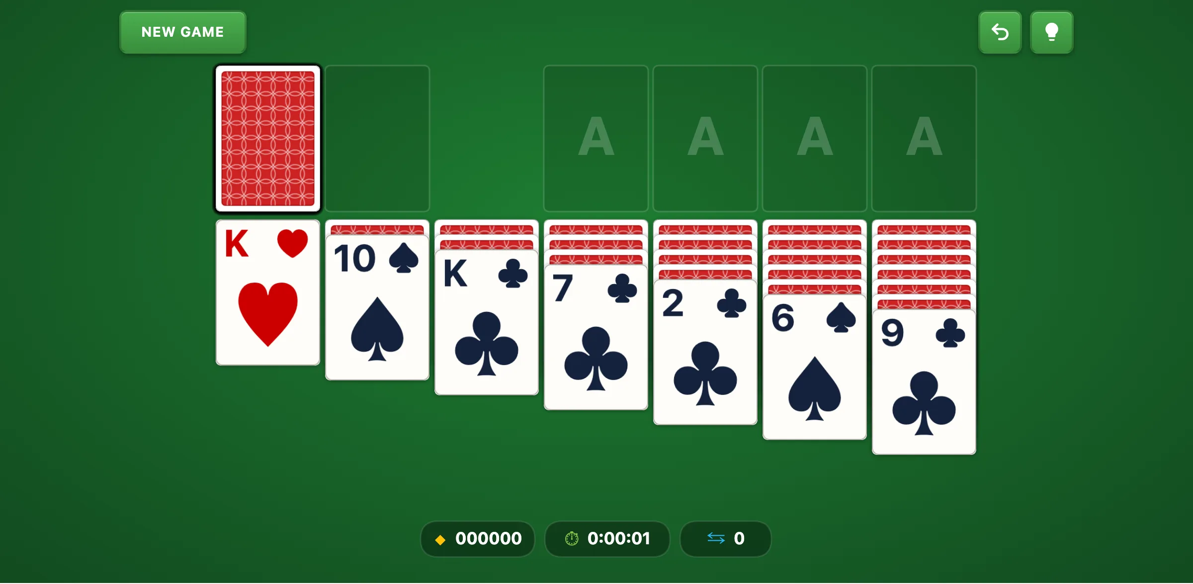 Klondike Solitaire layout with 7 tableau columns dealt in a staircase pattern