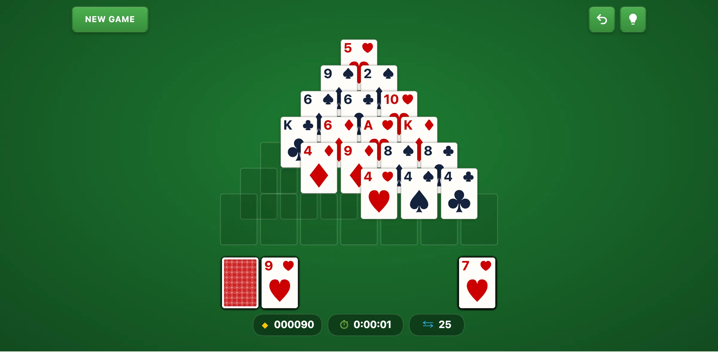 Pyramid Solitaire mid-game with several pairs removed and upper rows exposed