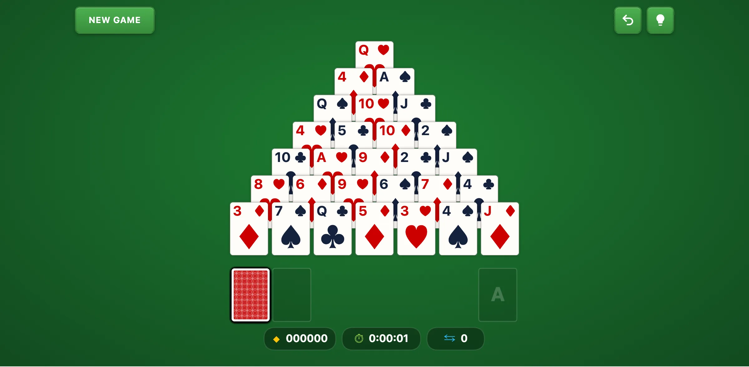 Pyramid Solitaire layout with 28 cards arranged in a 7-row pyramid