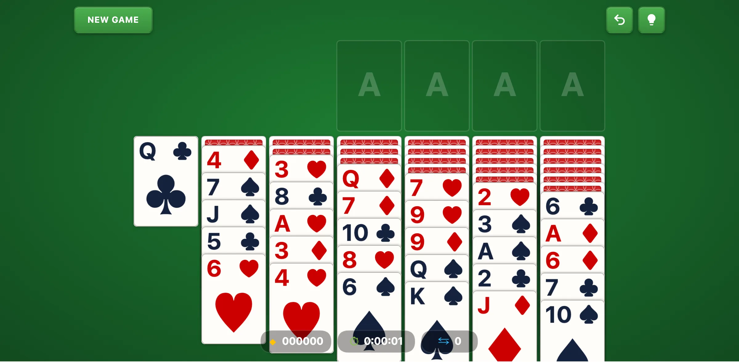 Russian Solitaire opening layout with 7 columns and all cards dealt face-up