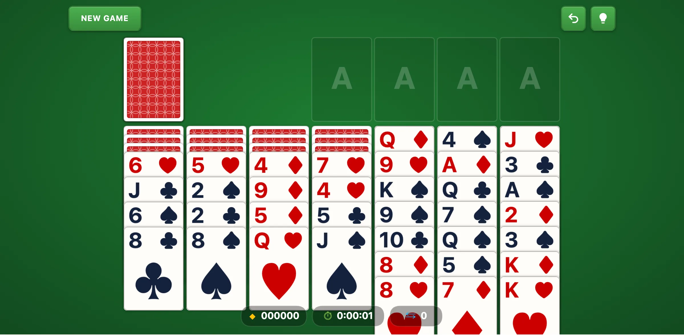 Scorpion Solitaire opening layout with 7 columns and 3 face-down cards in the first four columns