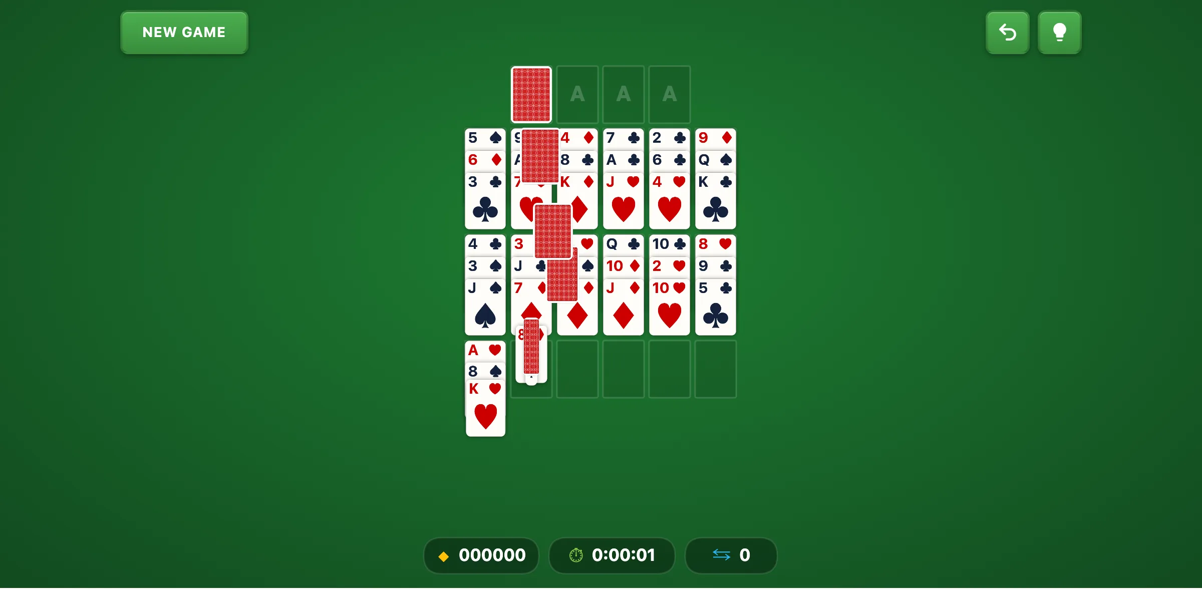 Shamrocks Solitaire opening layout with 17 three-card fans plus one single card, all face-up
