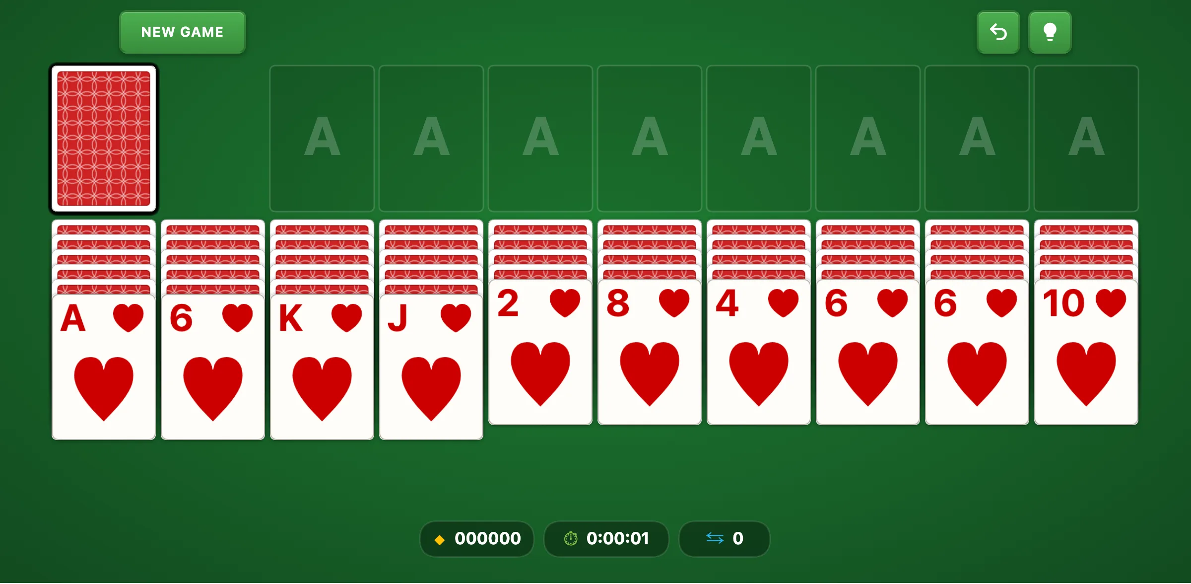 Spider Solitaire 1 Suit mode — all cards are Spades, making every sequence movable