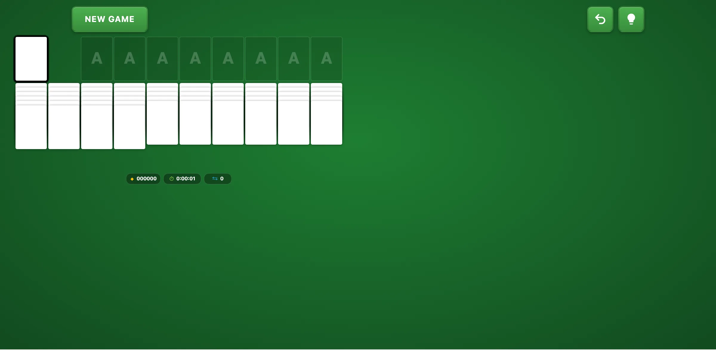 Spider Solitaire layout with 10 columns and 50 cards in the stock pile