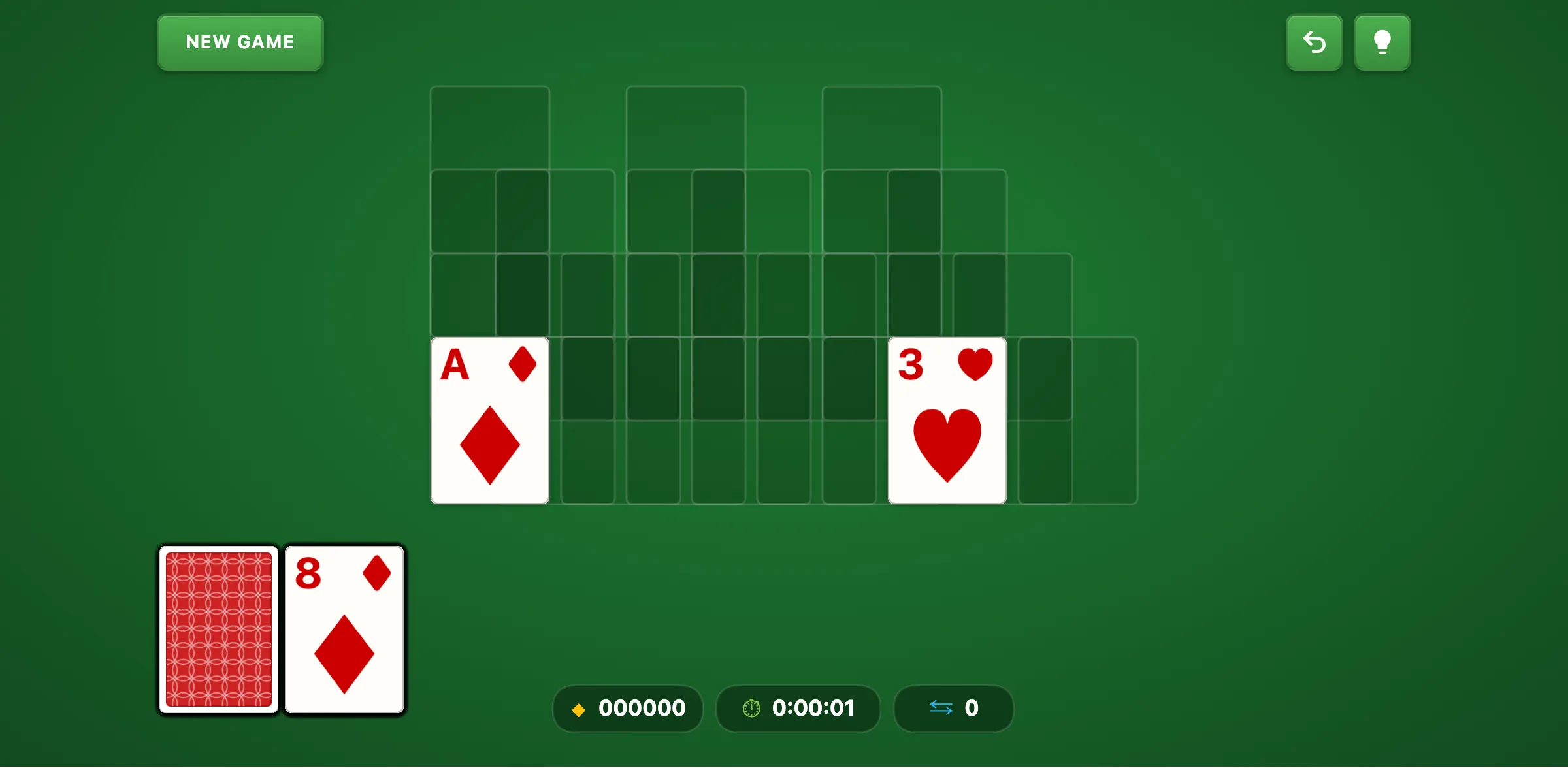 TriPeaks Solitaire mid-game with peaks partially cleared and a long chain building