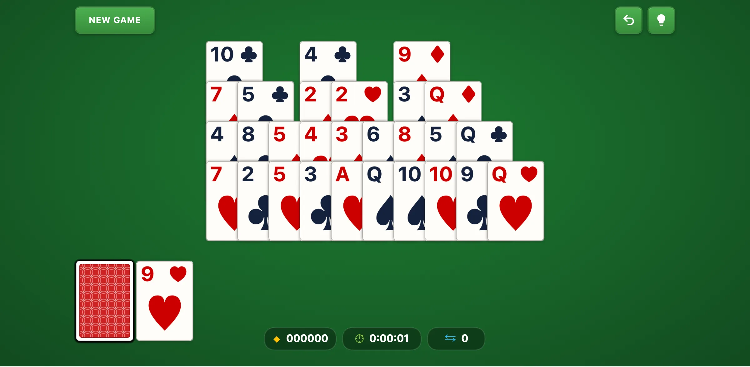 TriPeaks Solitaire opening layout with three overlapping peaks of cards