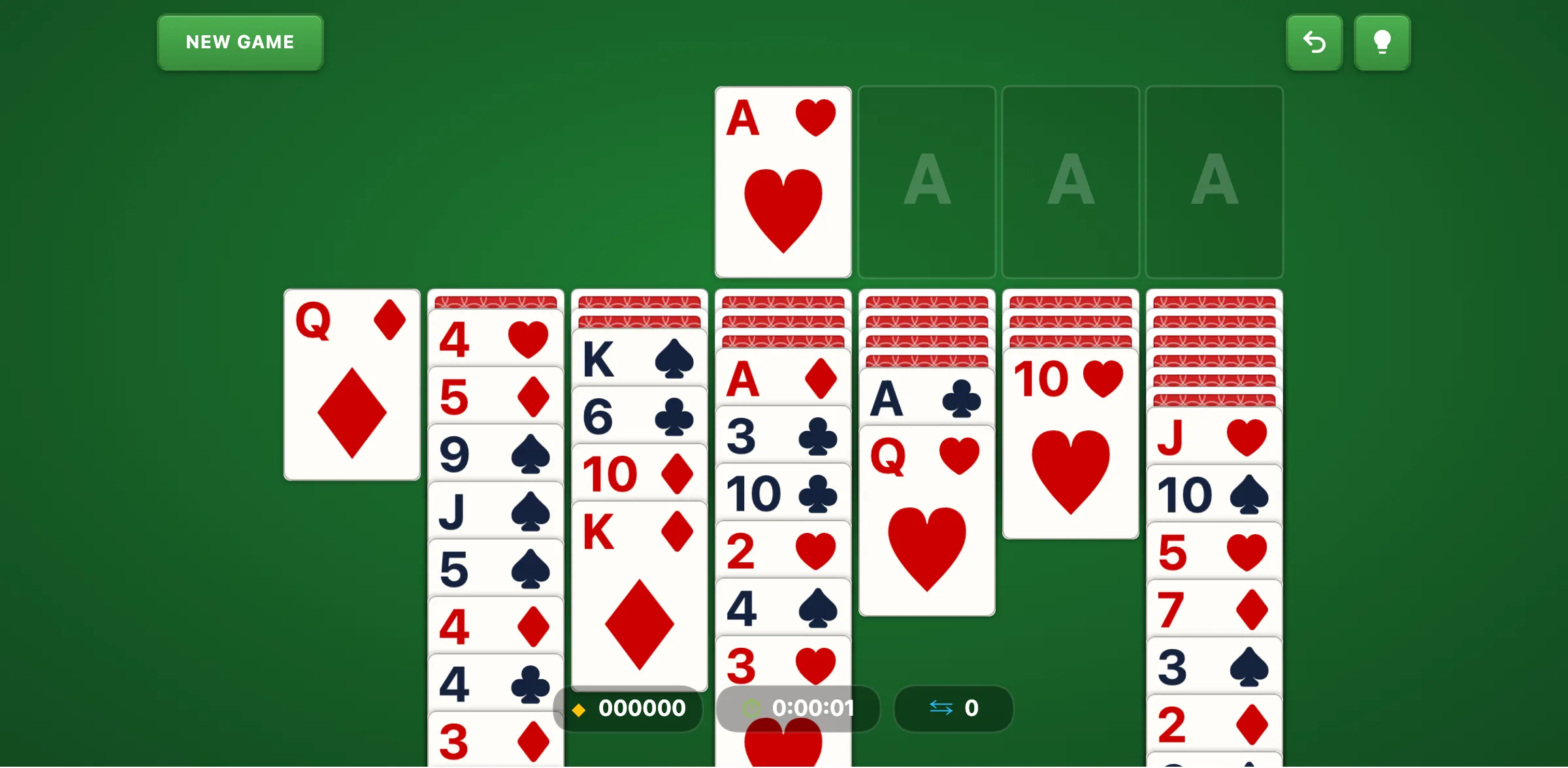 Yukon Solitaire mid-game showing face-up cards being rearranged across tableau columns