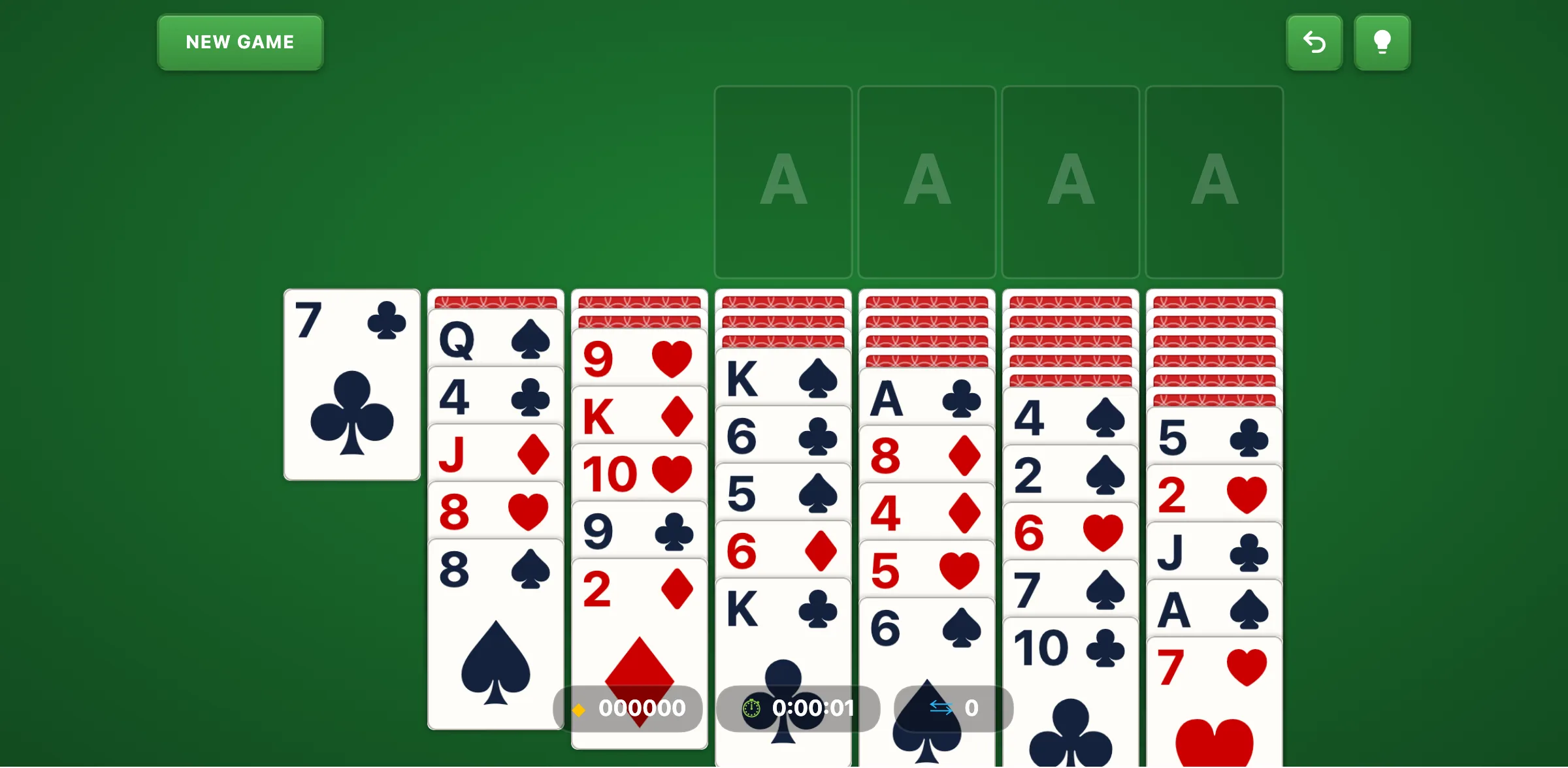 Yukon Solitaire opening layout with all 52 cards dealt across 7 columns — no stock pile